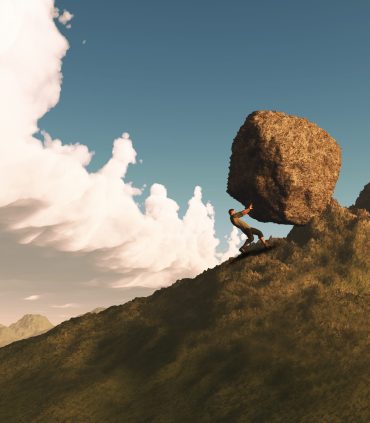 3D render of a male figure pushing a huge rock up a mountain